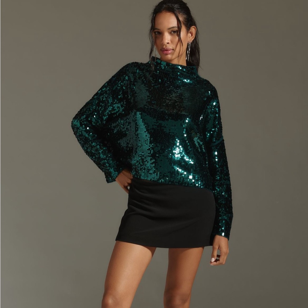 Anthropologie Alani Cashmere Mock Neck Sweater Sequin Ed EMERALD GREEN Sz XL NWT